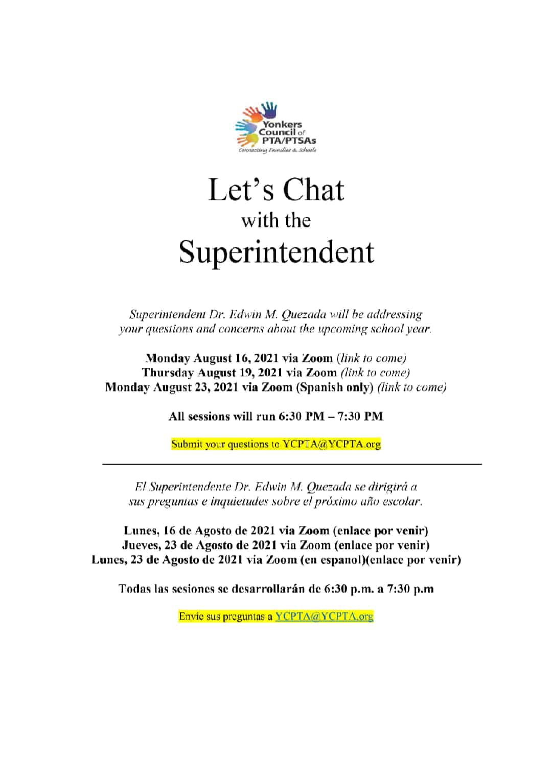 YPS Superintendent Quezada to Hold Three Online Conversations with Community YPS Superintendent Quezada to Hold Three Online Conversations with Community