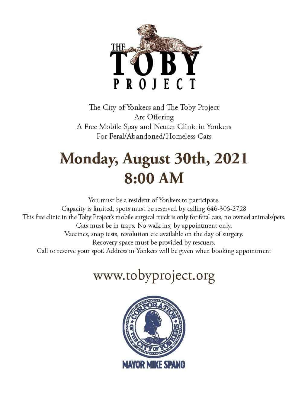 The Toby Project and City of Yonkers Offer Free, Mobile Spay-Neuter Clinic Aug. 30 The Toby Project and City of Yonkers Offer Free, Mobile Spay-Neuter Clinic Aug. 30
