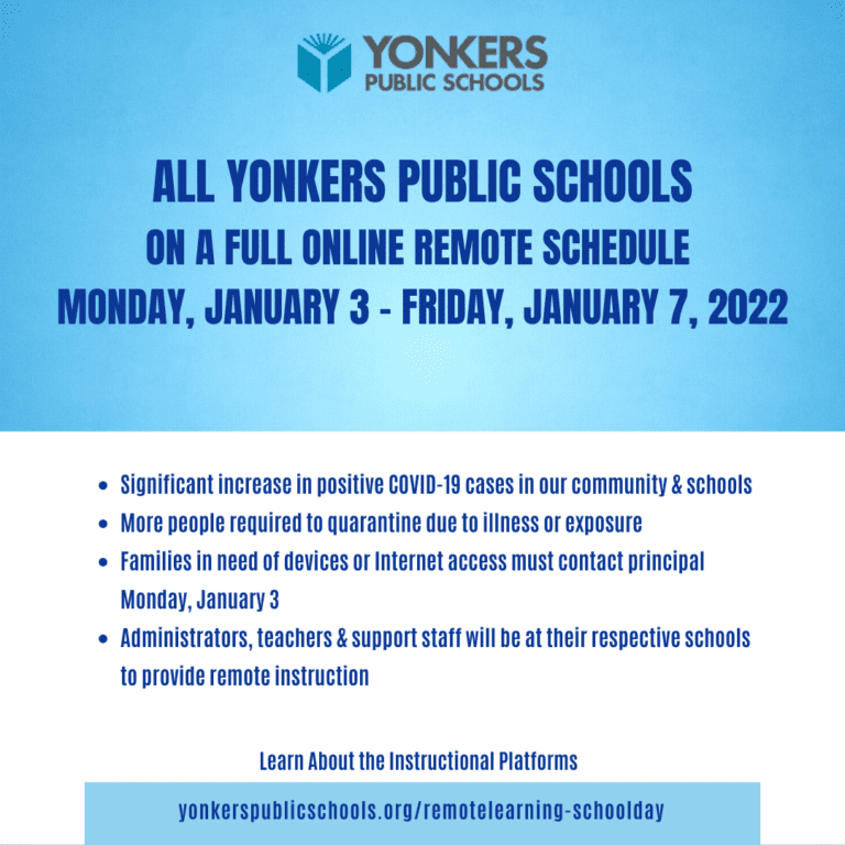 Yonkers Public Schools to Start 2022 Remote for First Week, Jan. 3-7