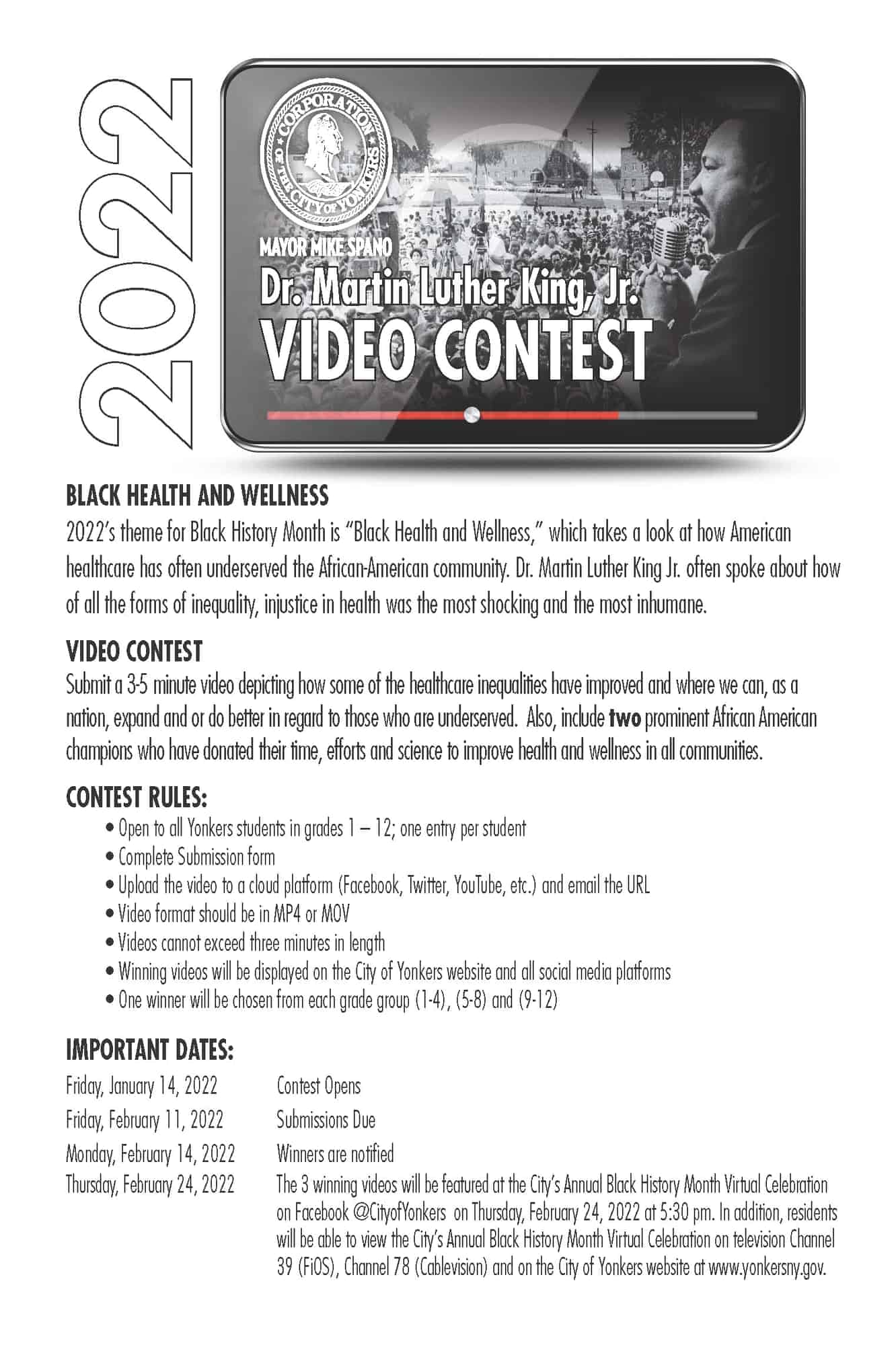 2022 Rev. Dr. MLK Video Contest Open to Yonkers Students 2022 Rev. Dr. MLK Video Contest Open to Yonkers Students