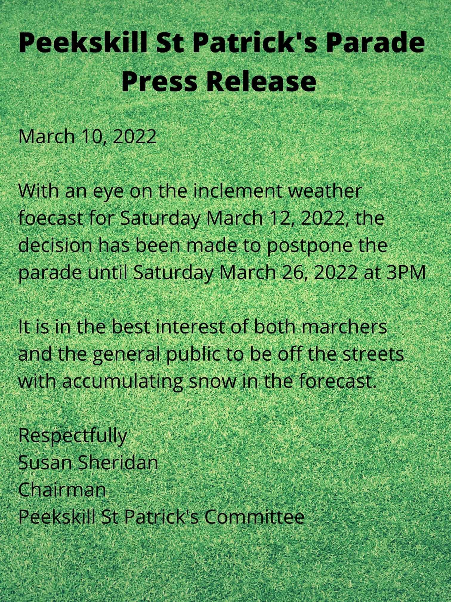 Peekskill St. Patrick’s Day Parade Postponed from March 12 to March 26 Peekskill St. Patrick’s Day Parade Postponed from March 12 to March 26