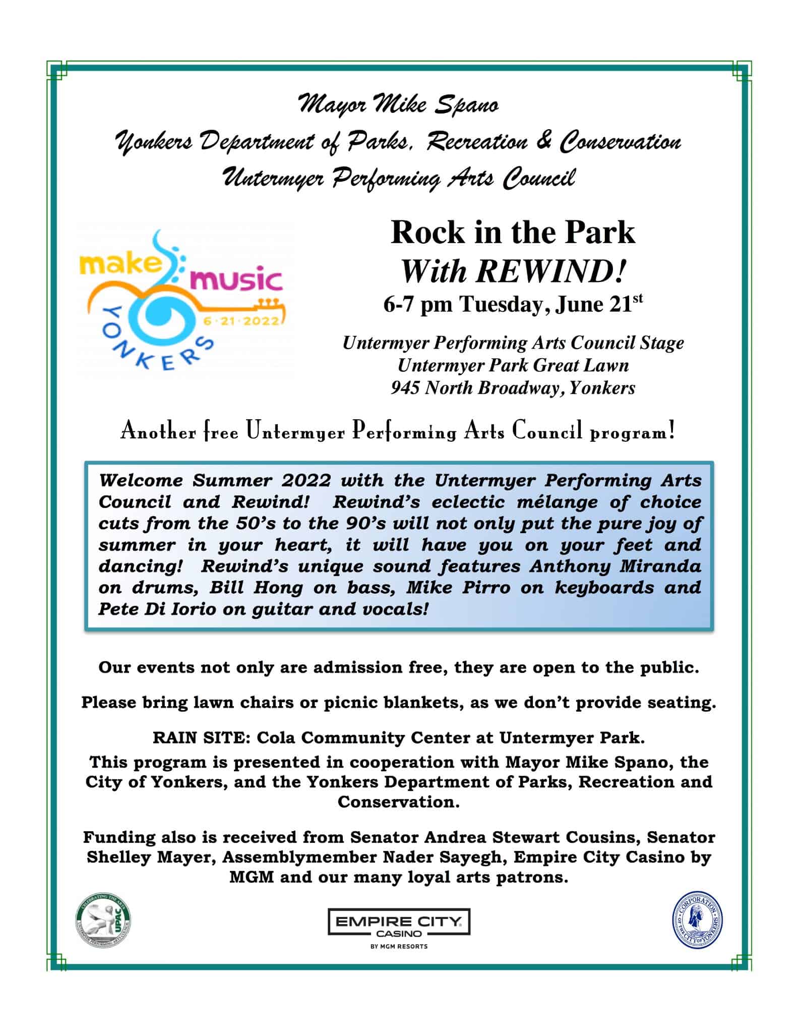 Rock in the Park with Rewind -Untermyer Park Great Lawn Yonkers June 21-6-7pm Rock in the Park with Rewind -Untermyer Park Great Lawn Yonkers June 21-6-7pm
