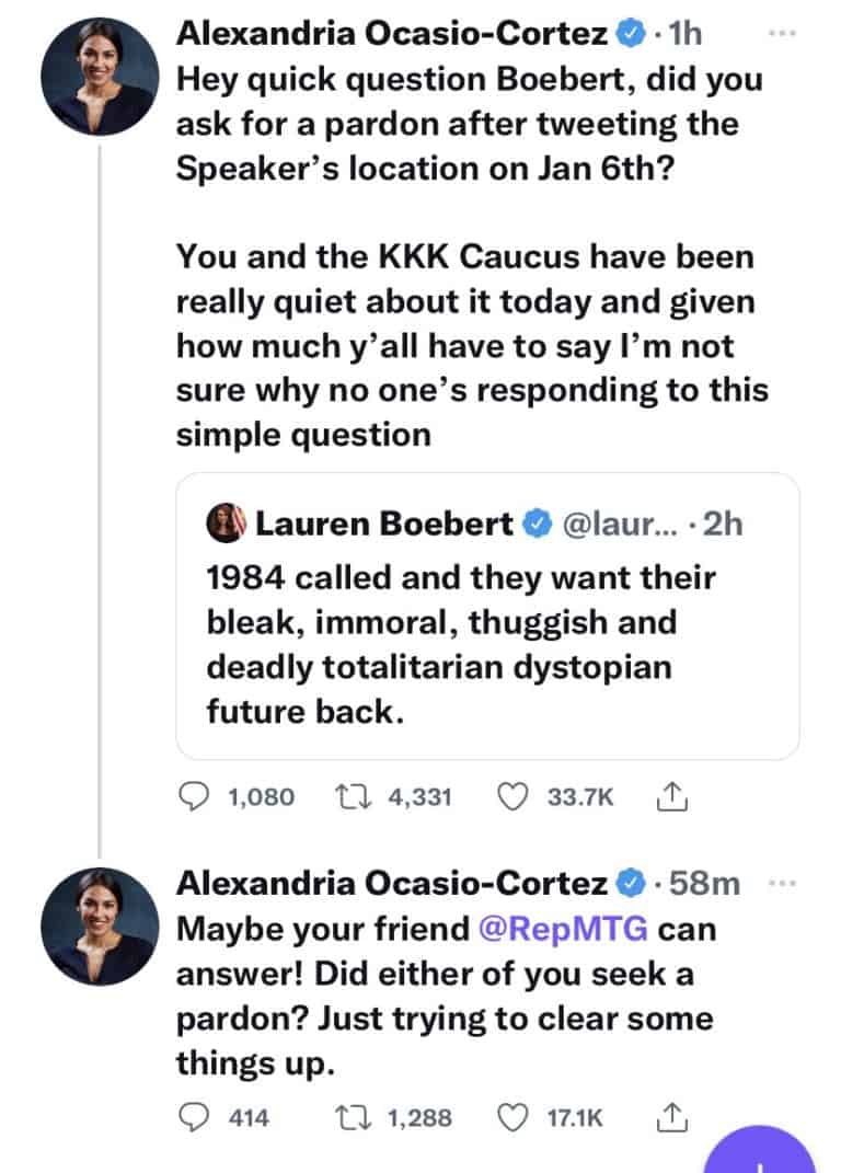 AOC Wants to Know if Gaetz, MJT -Greene Asked Trump for Pardons