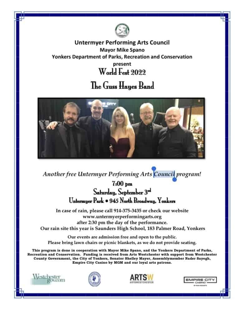 UPAC Free Concert The Guss Hayes Band September 37pm, Untermyer Park