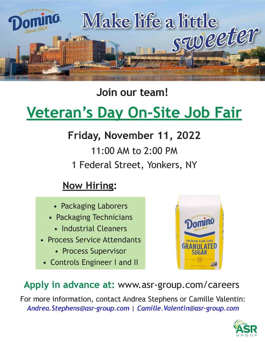Domino's Sugar Yonkers to Host Veterans Day Job Fair Nov. 11 Yonkers