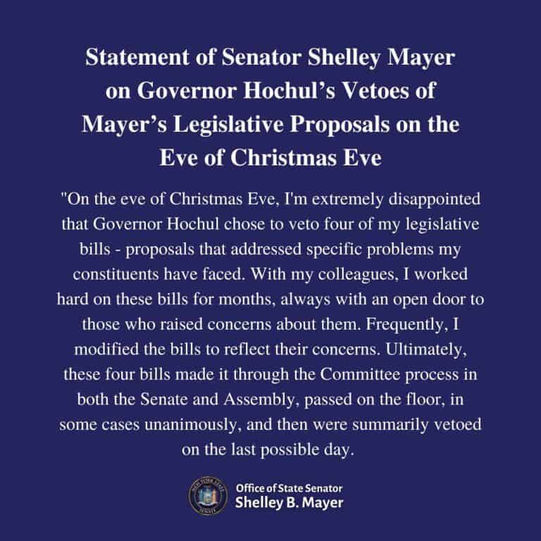 Gov. Hochul Vetoes Four Bills Sponsored by State Senator Shelley Mayer