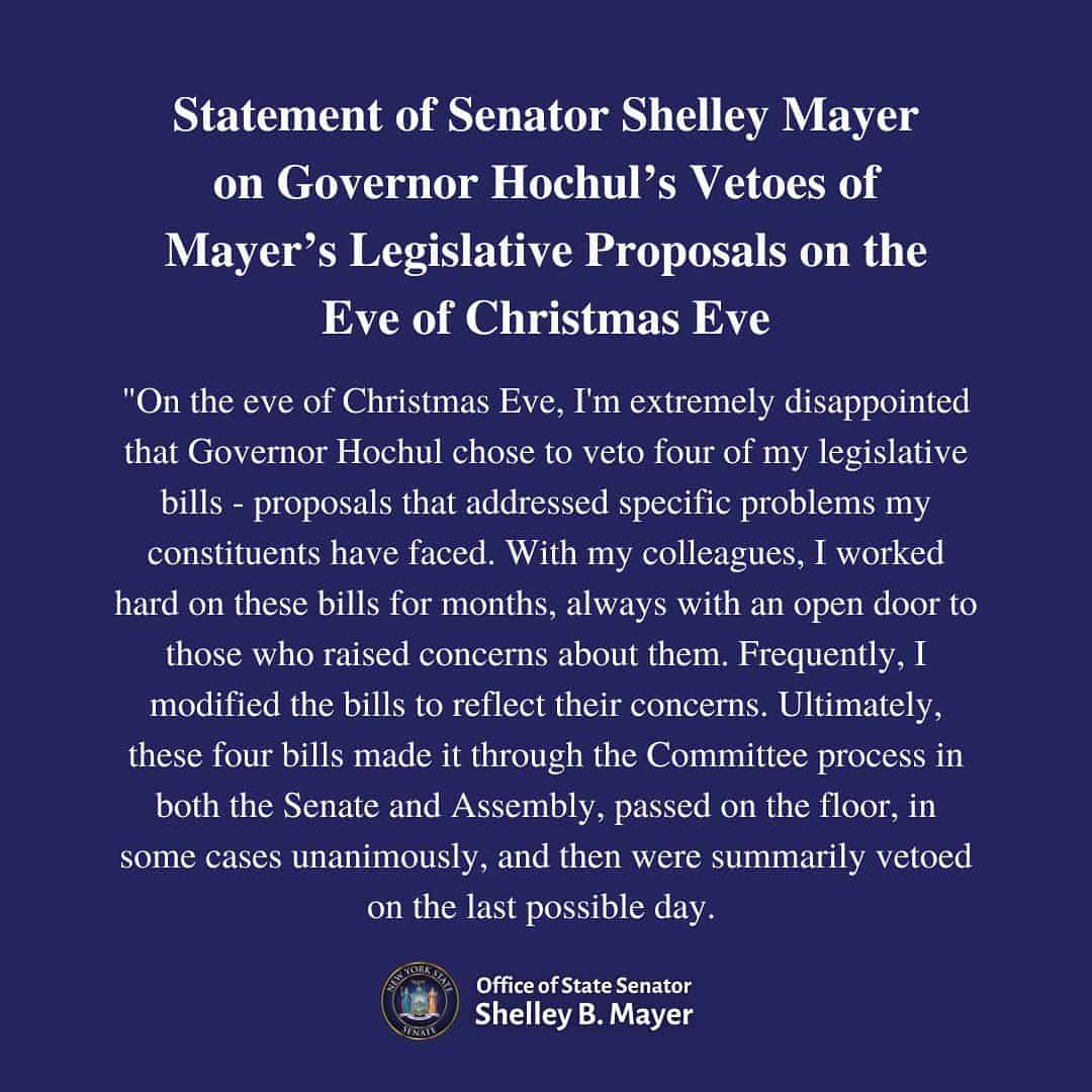 Gov. Hochul Vetoes Four Bills Sponsored by State Senator Shelley Mayer Gov. Hochul Vetoes Four Bills Sponsored by State Senator Shelley Mayer