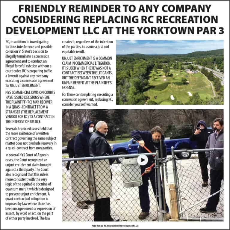 Friendly Reminder to Any Company Considering Replacing RC Recreation Development LLC at the Yorktown Par 3