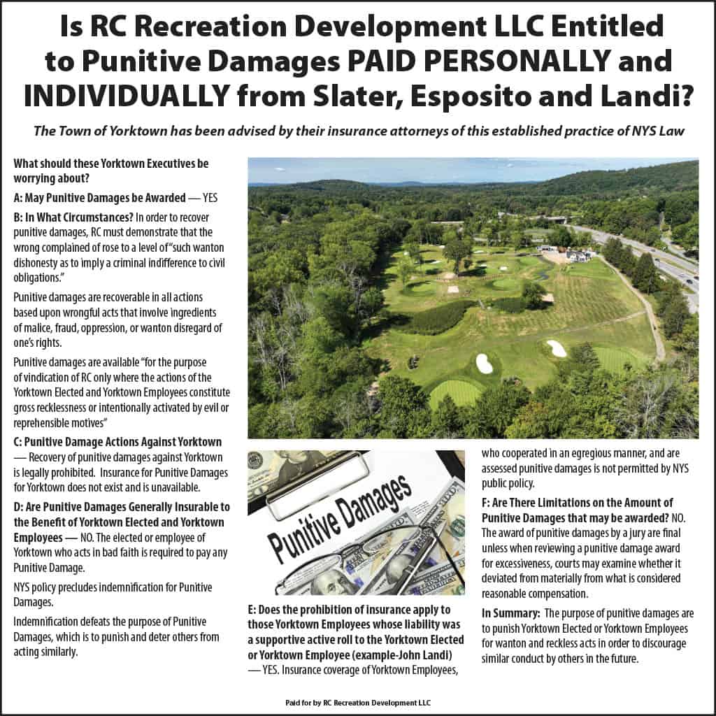 Is RC Recreation Development LLC Entitled to Punitive Damages PAID PERSONALLY and INDIVIDUALLY from Slater, Esposito and Landi? Is RC Recreation Development LLC Entitled to Punitive Damages PAID PERSONALLY and INDIVIDUALLY from Slater, Esposito and Landi?