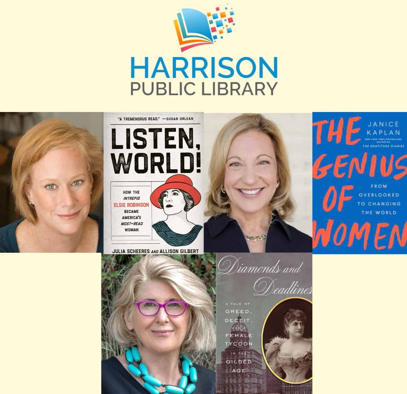 Harrison Library-Meet the Authors: Allison Gilbert, Janice Kaplan and Betsy Prioleau-May 31 Harrison Library-Meet the Authors: Allison Gilbert, Janice Kaplan and Betsy Prioleau-May 31