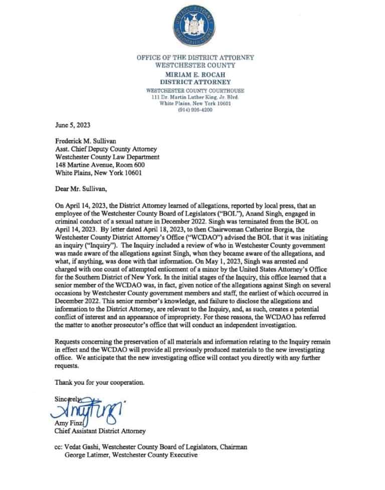 “Senior Member” of DA Rocah’s Staff Knew About Anand Singh in Dec. 2022