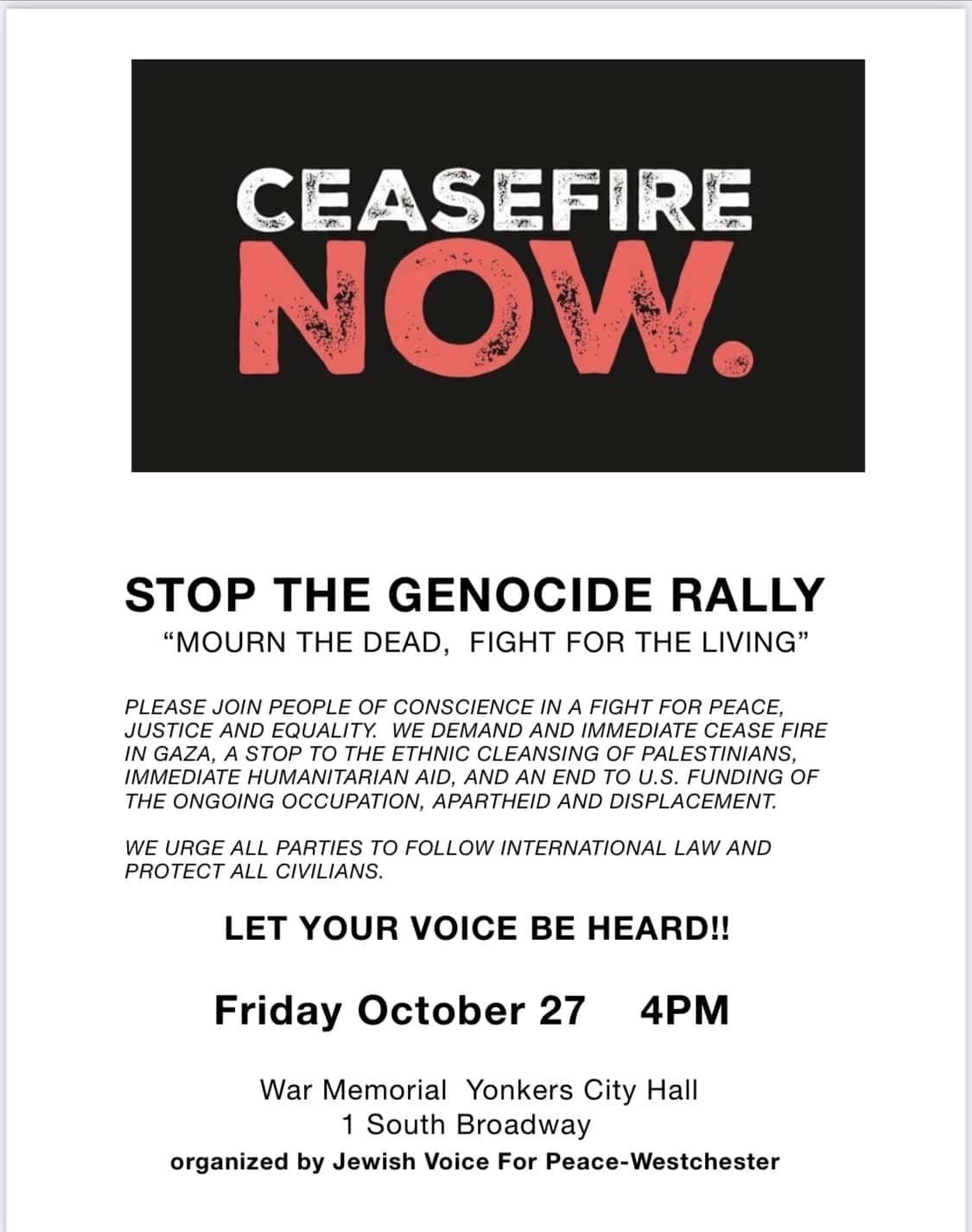 Stop the Genocide Rally in Yonkers Friday Oct. 27 Stop the Genocide Rally in Yonkers Friday Oct. 27