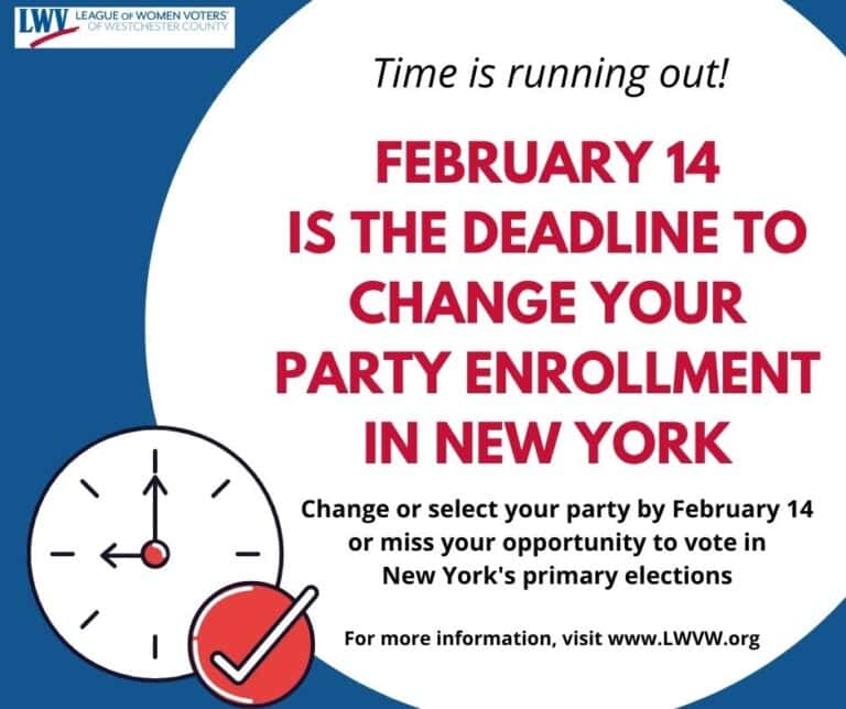 Westchester League of Women Voters Advises Voters of Feb. 14 Deadline to Change Party Enrollment