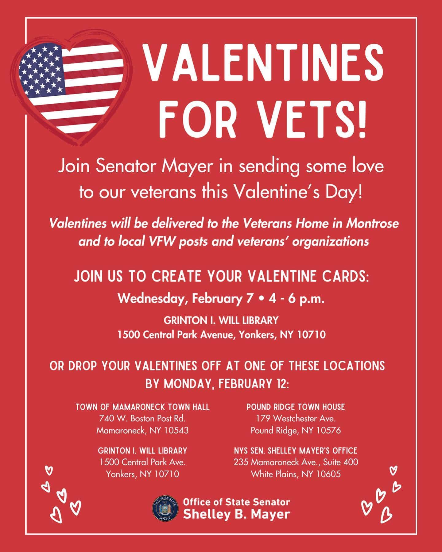 State Senator Mayer to Host “Valentines for Veterans” Card Project at Will Library -Yonkers State Senator Mayer to Host “Valentines for Veterans” Card Project at Will Library -Yonkers