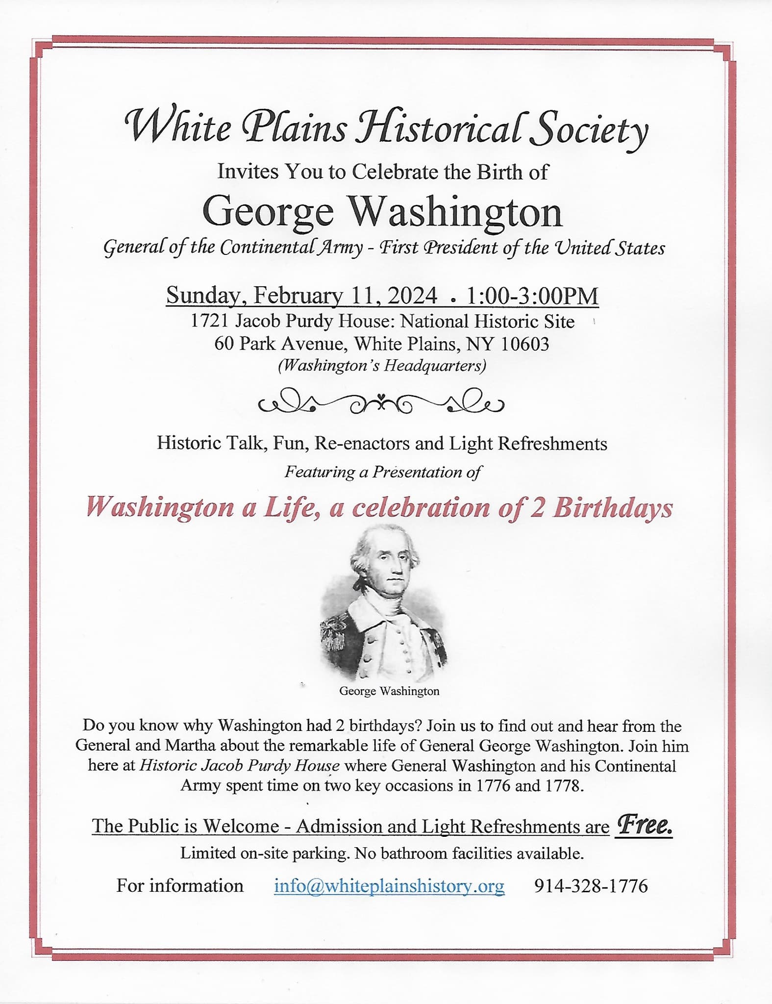 White Plains Historical Society Celebrates the Birth of George Washington at the Purdy House Feb. 11 White Plains Historical Society Celebrates the Birth of George Washington at the Purdy House Feb. 11