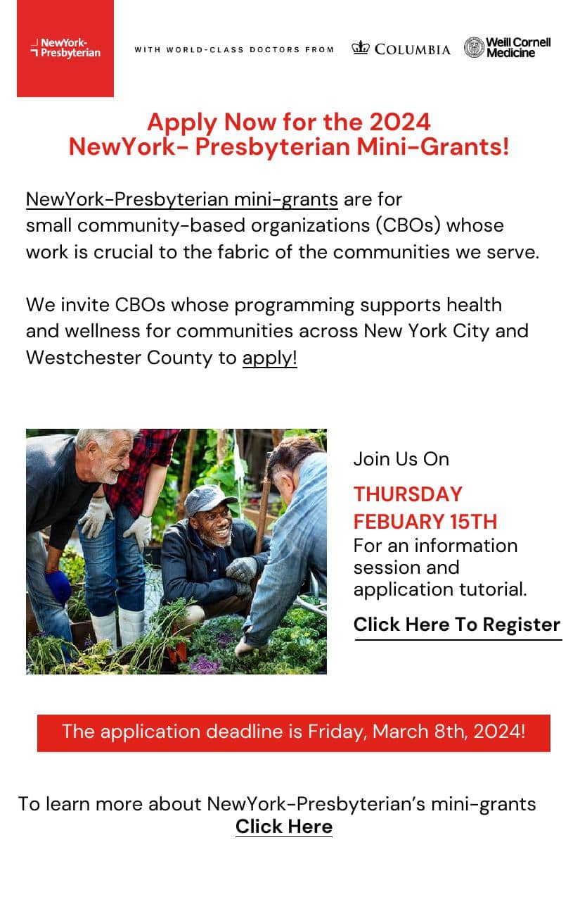 Deadline to Apply for New York-Presbyterian Mini-Grants is March 8 Deadline to Apply for New York-Presbyterian Mini-Grants is March 8
