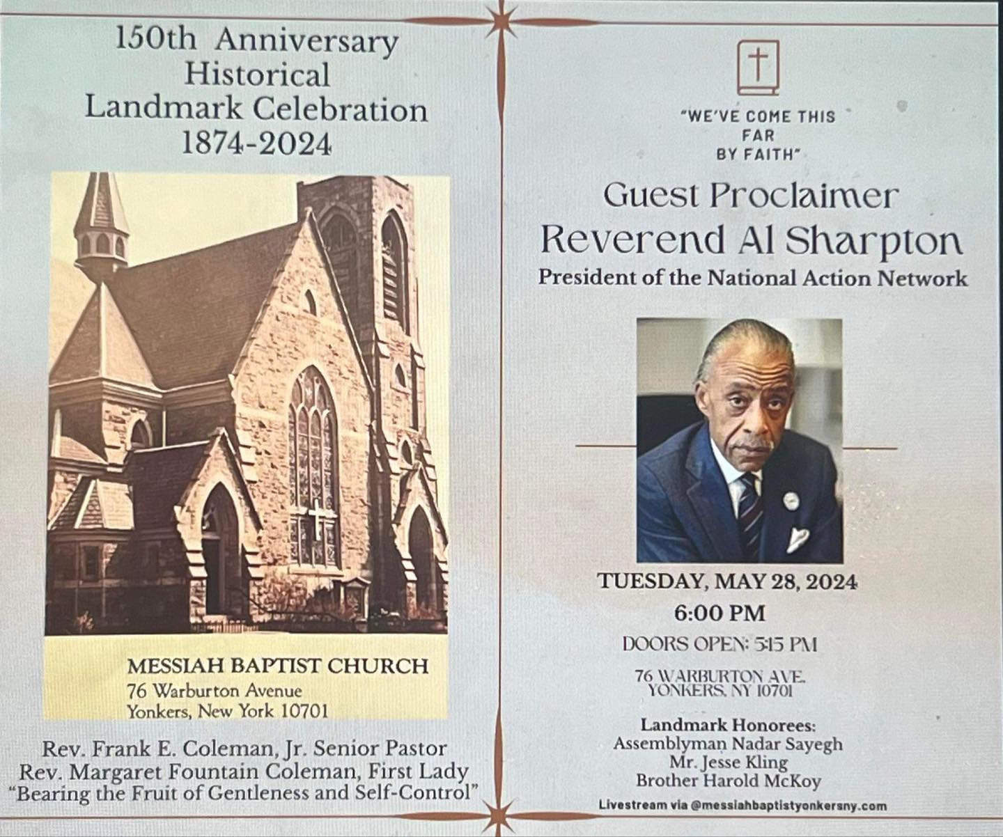 Rev. Al Sharpton Coming to Yonkers May 28 to Celebrate Messiah Baptist Church’s 150th Anniversary & Landmark Celebration Rev. Al Sharpton Coming to Yonkers May 28 to Celebrate Messiah Baptist Church’s 150th Anniversary & Landmark Celebration