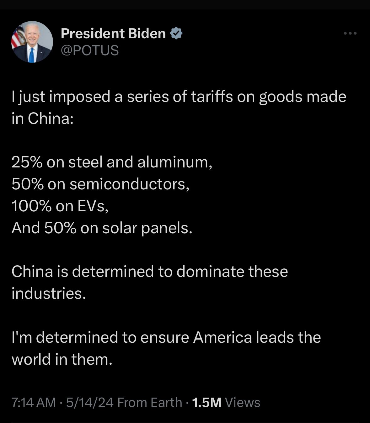 President Biden Imposes Tariffs on Chinese Imports; 25% on Steel and Aluminum; 50% on Semiconductors; 100% on Electric Vehicles; 50% on Solar Panels President Biden Imposes Tariffs on Chinese Imports; 25% on Steel and Aluminum; 50% on Semiconductors; 100% on Electric Vehicles; 50% on Solar Panels