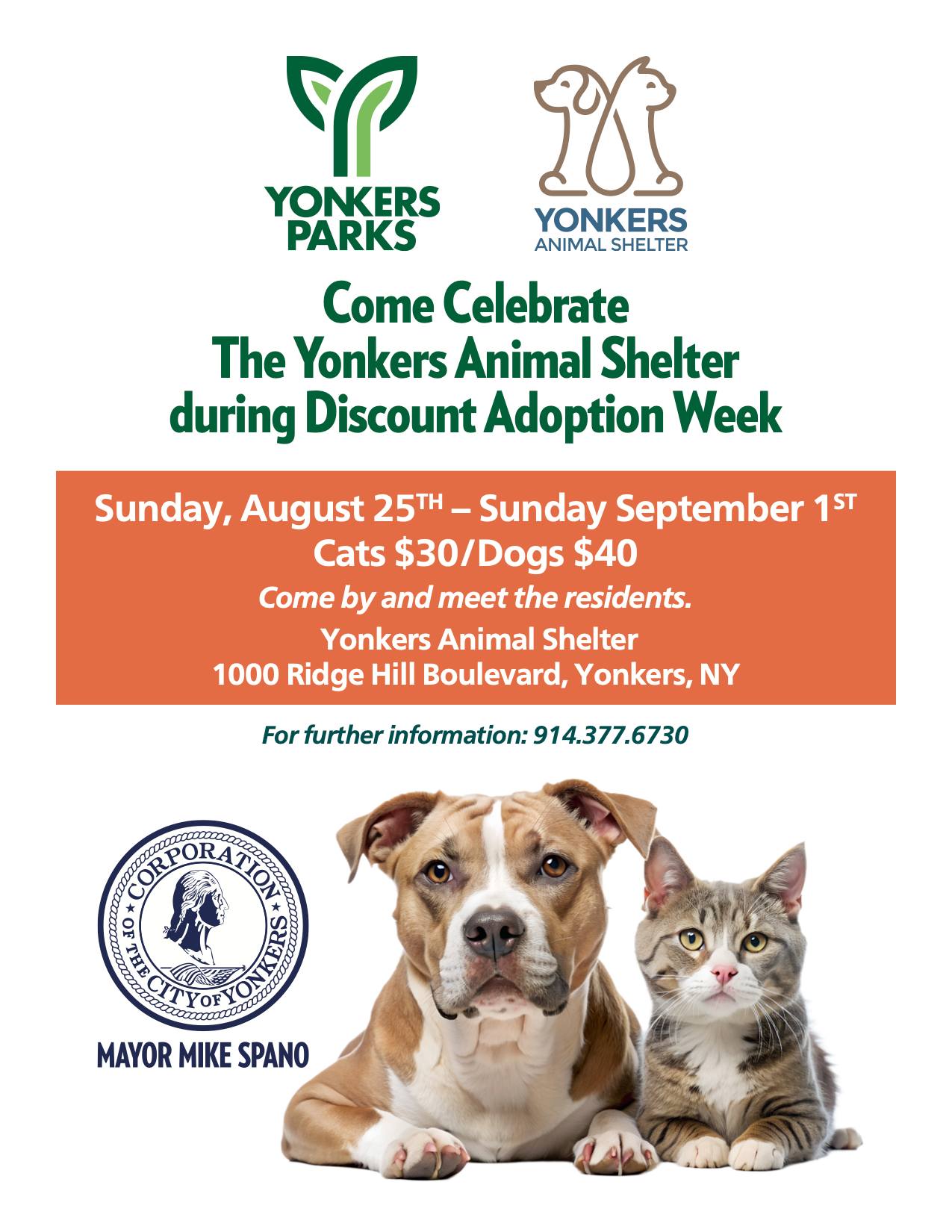 Come Celebrate The Yonkers Animal Shelter’s Discount Adoption Week -Aug. 25-Sept. 1 Come Celebrate The Yonkers Animal Shelter’s Discount Adoption Week -Aug. 25-Sept. 1