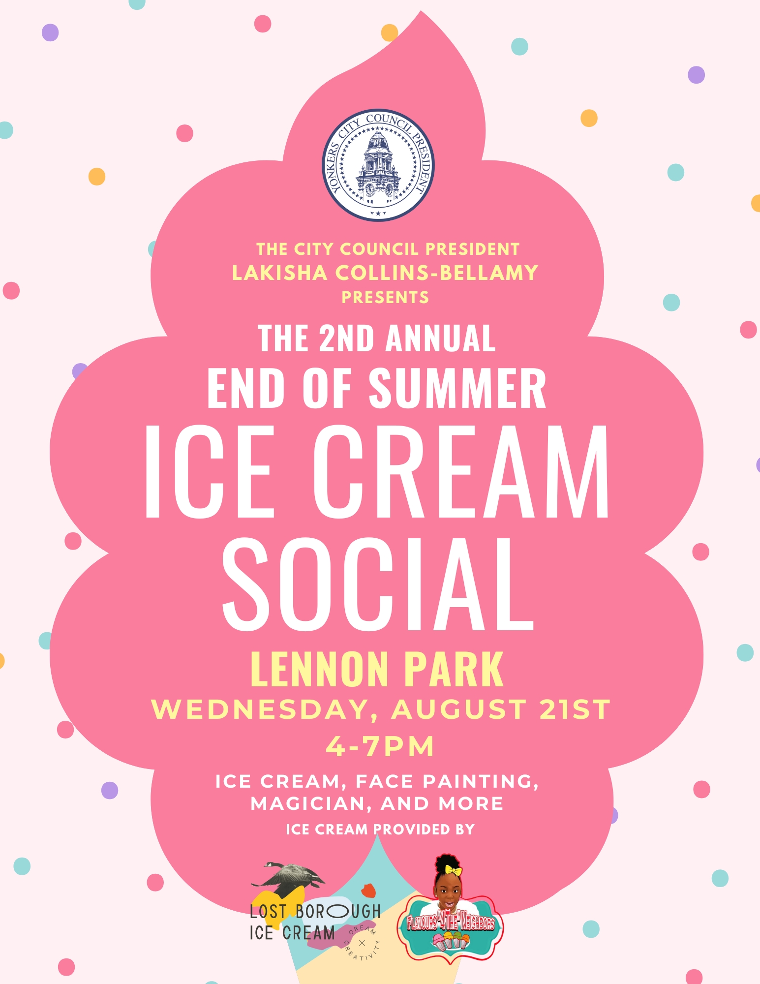 Yonkers Council President Collins-Bellamy to Host End of Summer Ice-Cream Social Aug 21 Yonkers Council President Collins-Bellamy to Host End of Summer Ice-Cream Social Aug 21