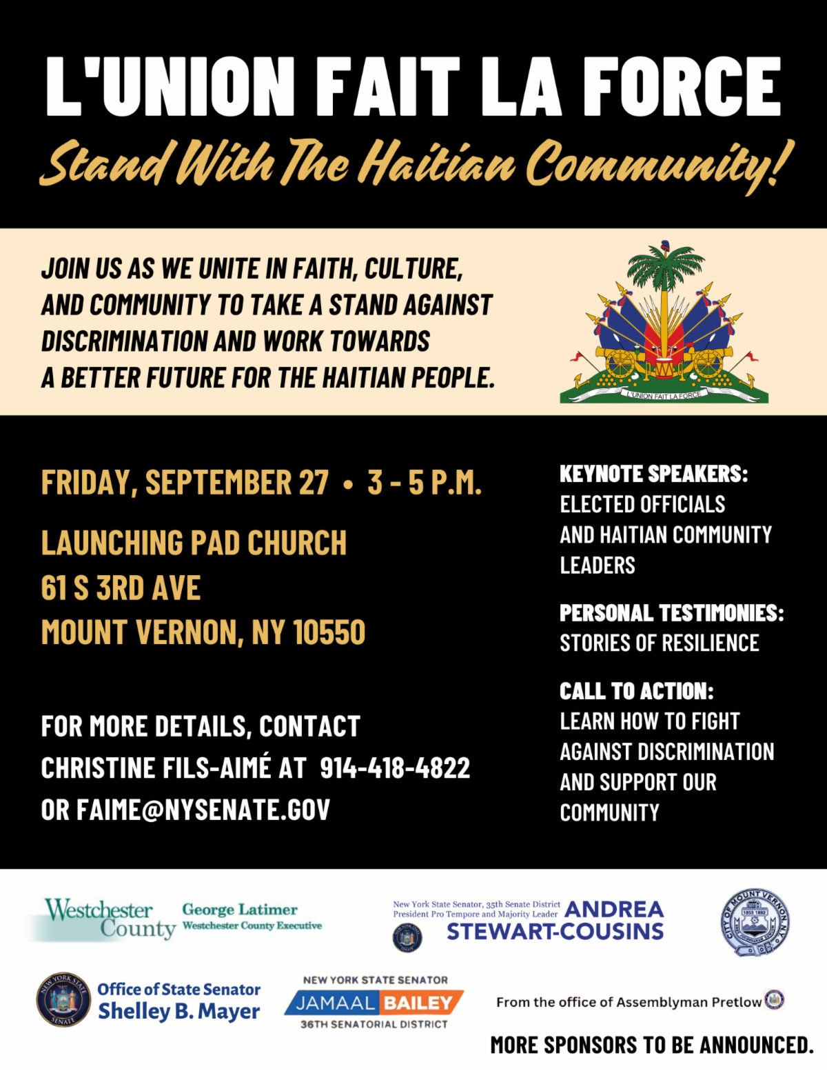 Majority Leader Stewart-Cousins, Senators Mayer and Bailey, and Local Leaders to Gather to Stand Against Haitian Discrimination Majority Leader Stewart-Cousins, Senators Mayer and Bailey, and Local Leaders to Gather to Stand Against Haitian Discrimination