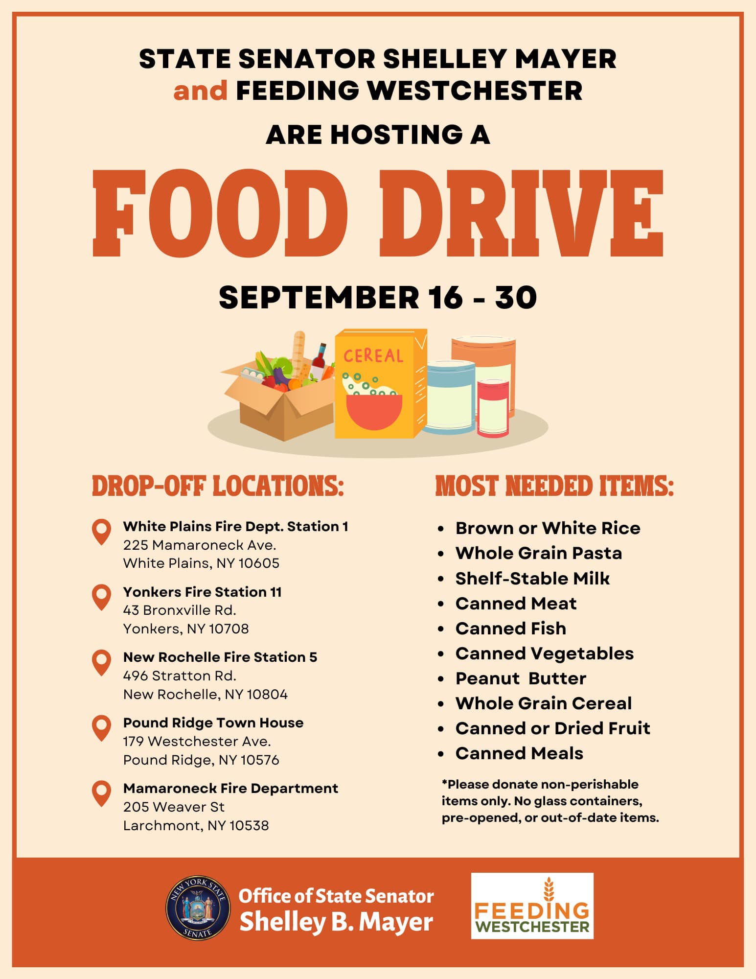 Senator Shelley Mayer Hosts Food Drive with Feeding Westchester for “Hunger Action Month” at Local Fire Stations and Town Halls Senator Shelley Mayer Hosts Food Drive with Feeding Westchester for “Hunger Action Month” at Local Fire Stations and Town Halls