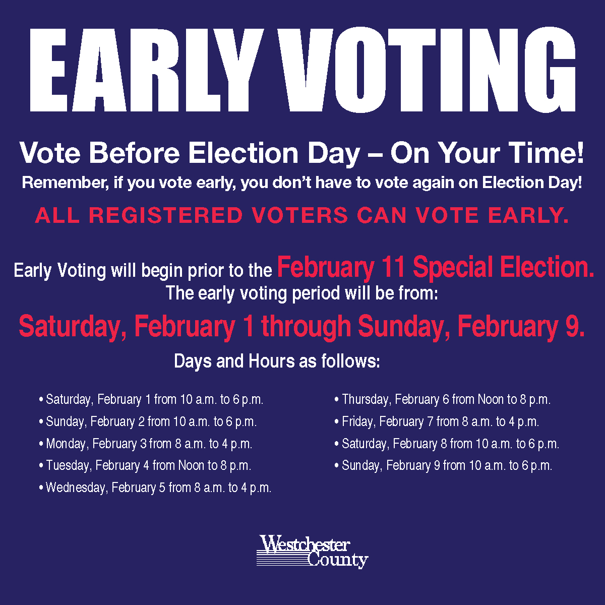 Early Voting for Westchester Special Election Begins Feb. 1 Early Voting for Westchester Special Election Begins Feb. 1