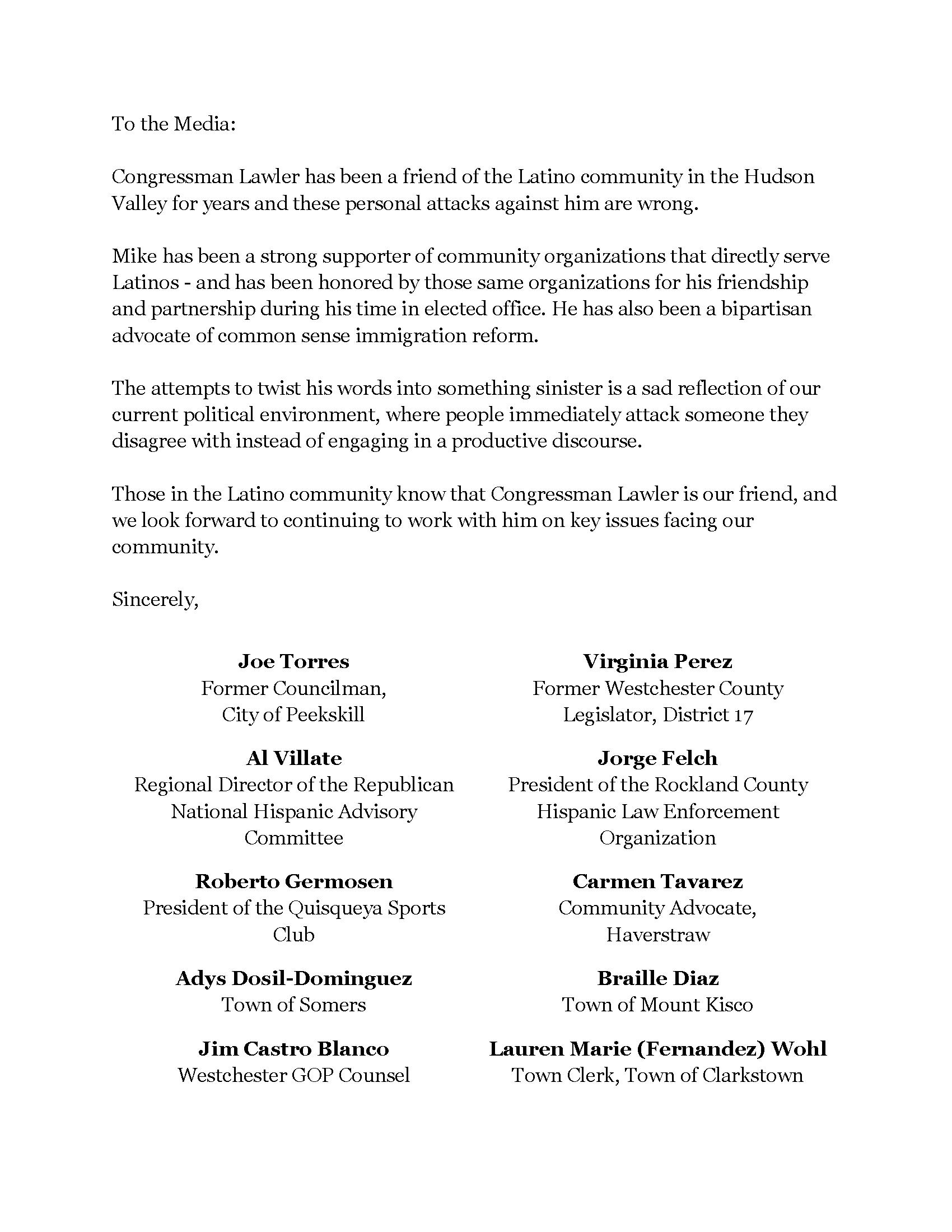 Lawler Refuses to Apologize for Questioning Legislators Immigration Status-Releases Letter Signed by Westchester Latinos in Support Lawler Refuses to Apologize for Questioning Legislators Immigration Status-Releases Letter Signed by Westchester Latinos in Support