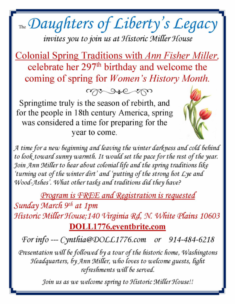 Colonial Spring Traditions with Ann Fisher Miller: March 9-Historic Miller House -North White Plains