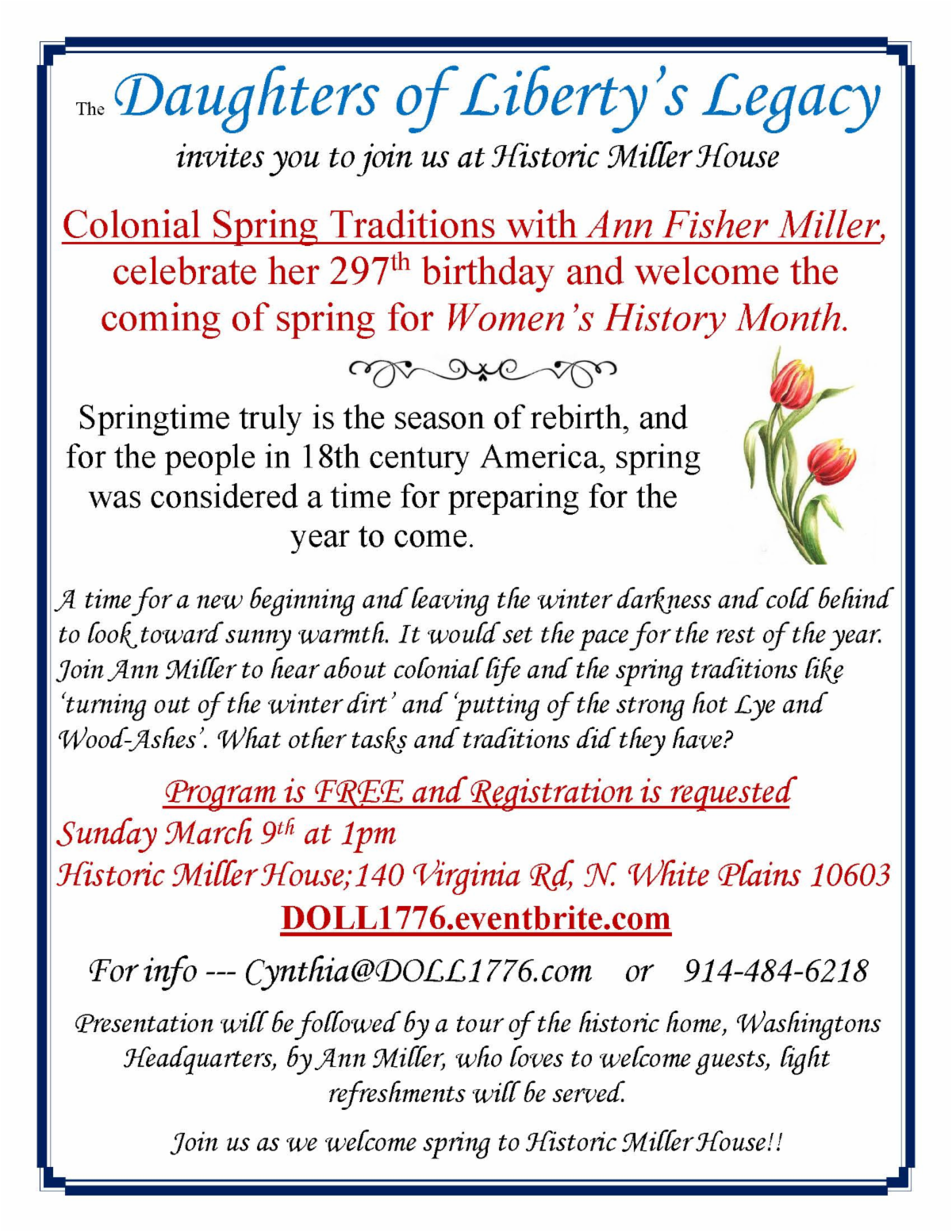 Colonial Spring Traditions with Ann Fisher Miller: March 9-Historic Miller House -North White Plains Colonial Spring Traditions with Ann Fisher Miller: March 9-Historic Miller House -North White Plains