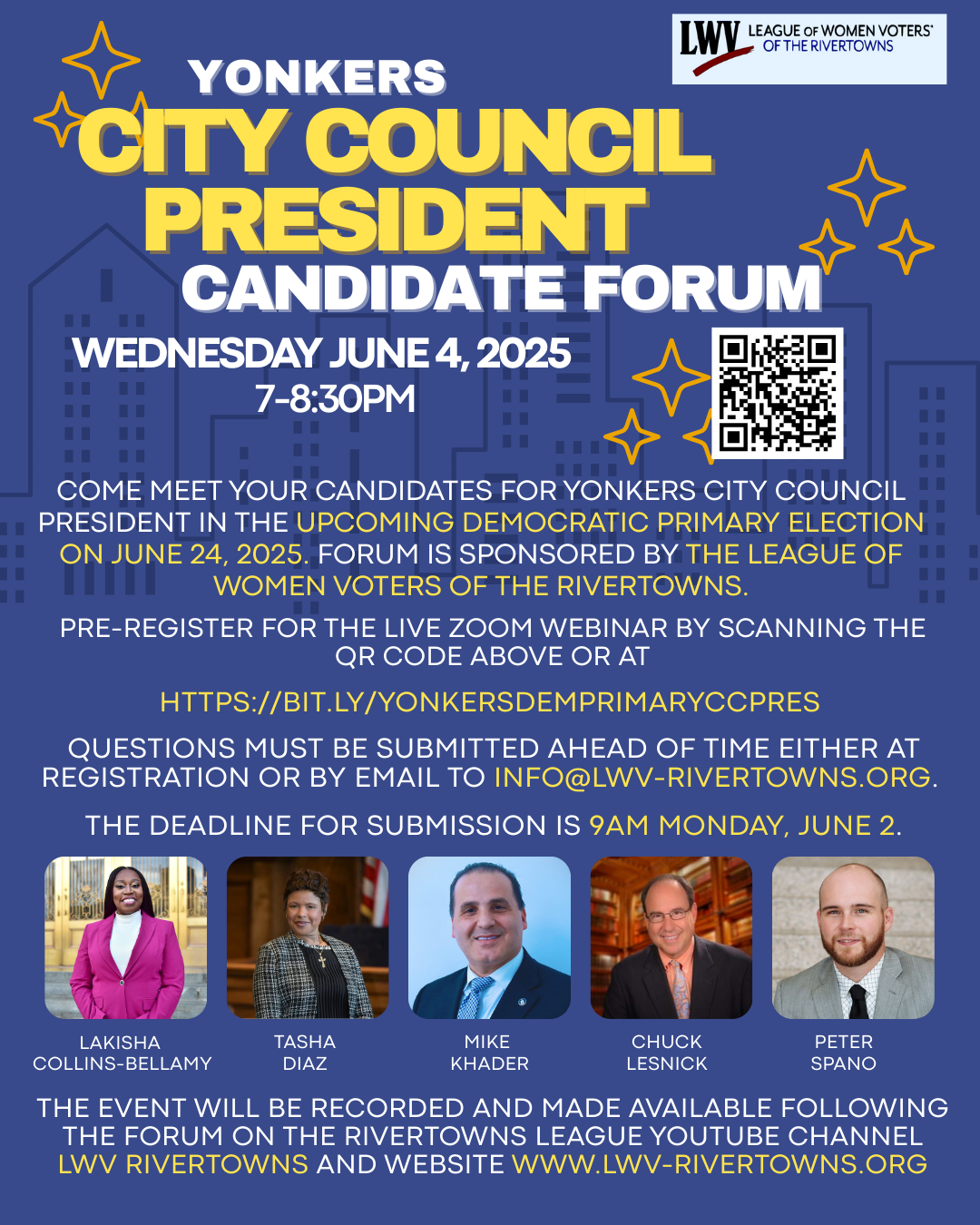 LWV Rivertowns Announce Democratic Debate Between 5 Candidates for Yonkers City Council President June 4 LWV Rivertowns Announce Democratic Debate Between 5 Candidates for Yonkers City Council President June 4