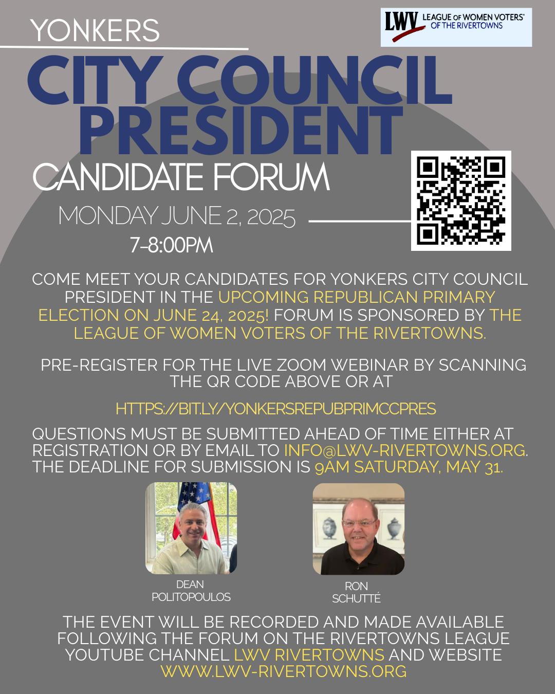 LWV Rivertowns Announce City Council President Forum, June 2, for Republican Candidates LWV Rivertowns Announce City Council President Forum, June 2, for Republican Candidates