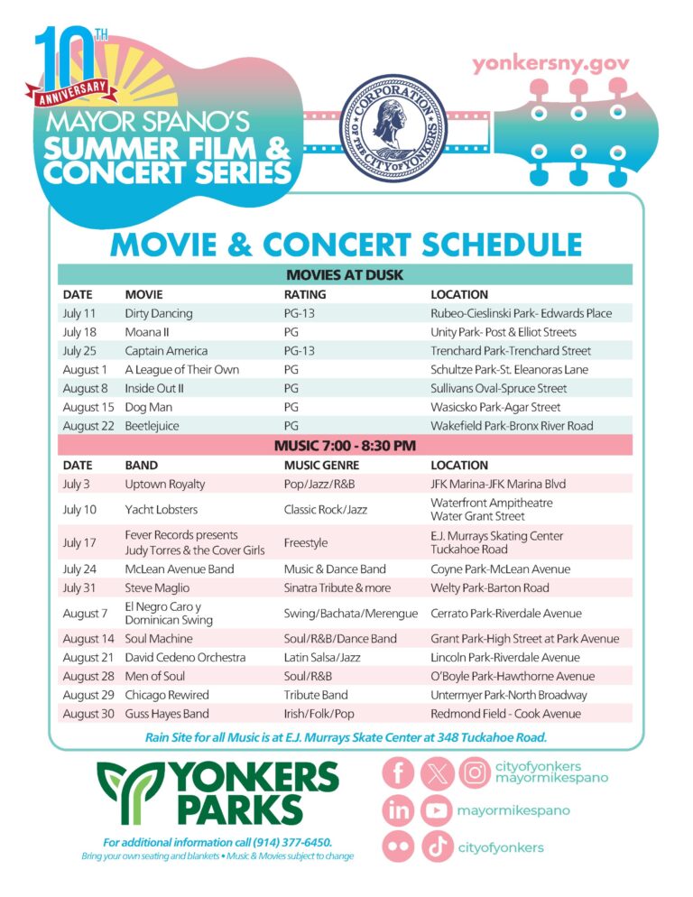 YONKERS MAYOR SPANO & YONKERS PARKS DEPARTMENT CELEBRATE 10 YEARS OF SUMMER FILM AND CONCERT SERIES