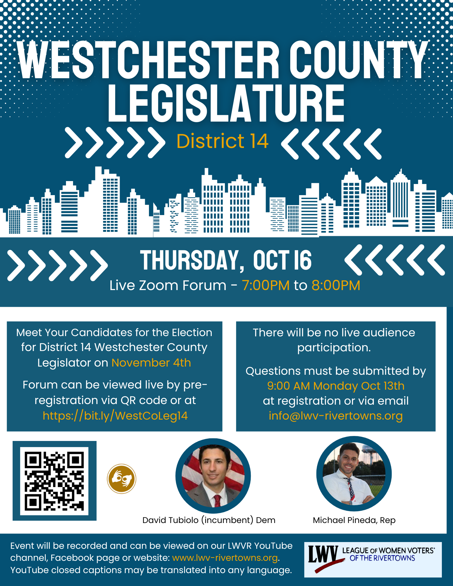 League of Women Voters to Host Yonkers Debate for County Legislator District 14-Tubiolo vs. Pineda League of Women Voters to Host Yonkers Debate for County Legislator District 14-Tubiolo vs. Pineda