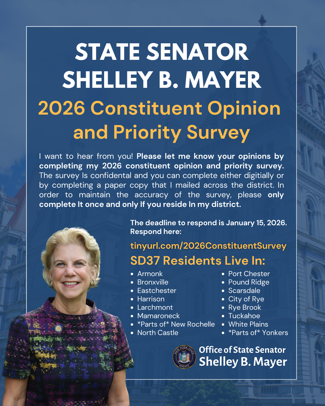 State Senator Shelley Mayer Conducts 2026 Constituent Opinion and Concern Survey State Senator Shelley Mayer Conducts 2026 Constituent Opinion and Concern Survey