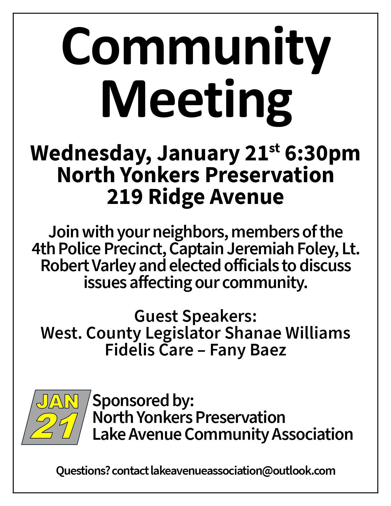 North Yonkers Preservation-Lake Avenue Community Association-Community Meeting Jan. 21 North Yonkers Preservation-Lake Avenue Community Association-Community Meeting Jan. 21