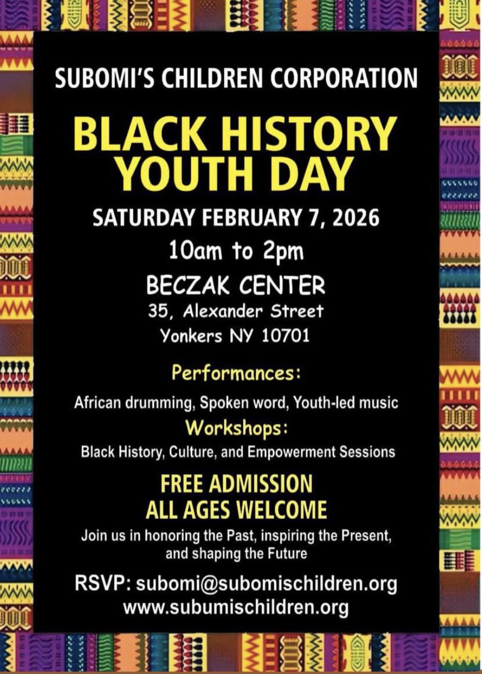 Subomi’s Children Corporation Black History Youth Day-Feb. 7-Beczak Center, Yonkers Subomi’s Children Corporation Black History Youth Day-Feb. 7-Beczak Center, Yonkers