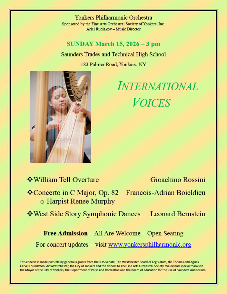 The Yonkers Philharmonic Orchestra Presents “International Voices”: Sunday, March 15-Free