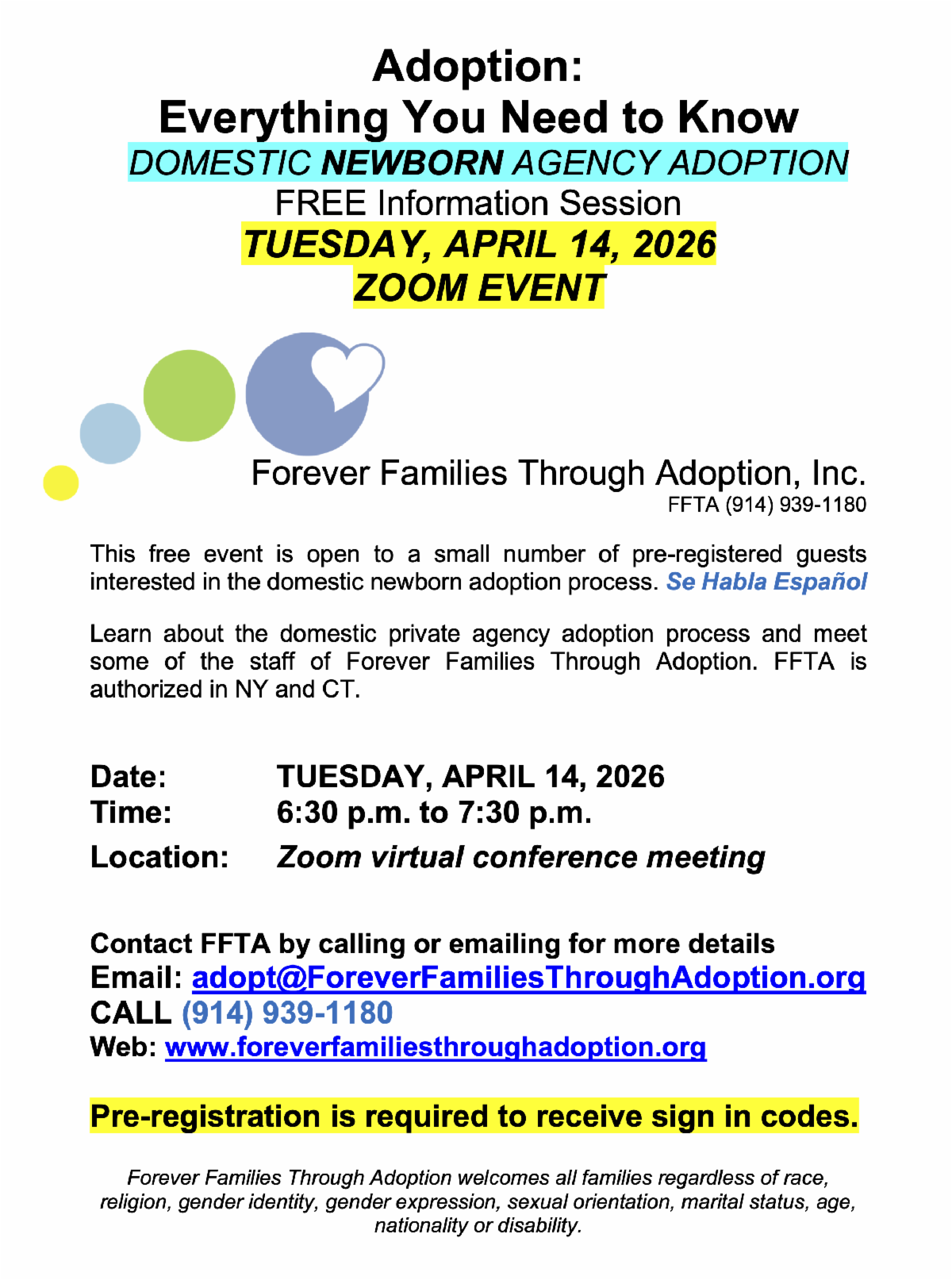 Domestic Newborn Adoption; Free Information Session: Tuesday, April 14 Domestic Newborn Adoption; Free Information Session: Tuesday, April 14