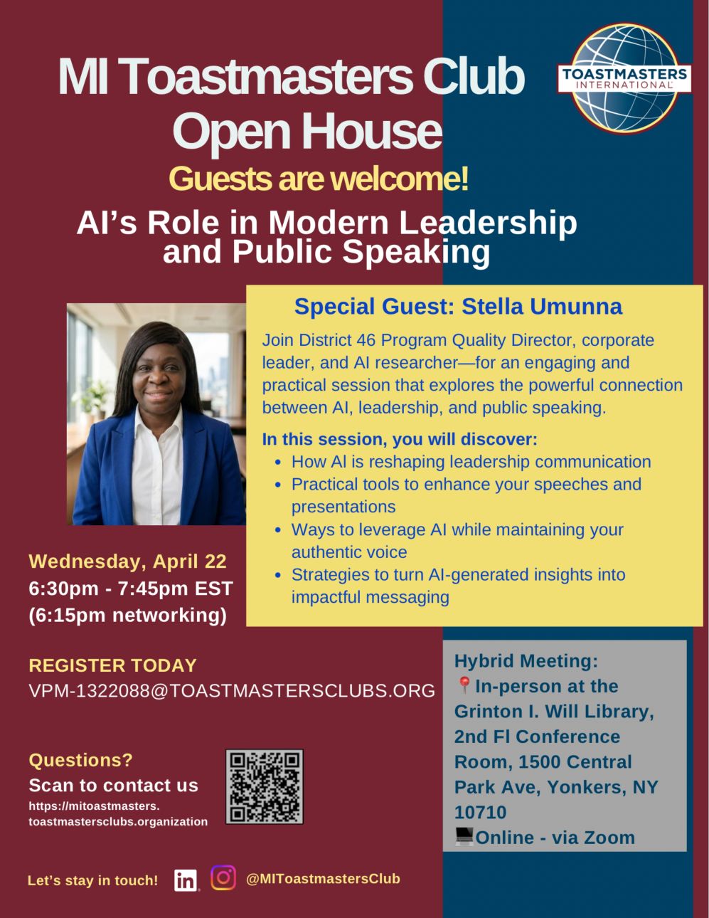 MI Toastmasters Club of Yonkers to Hold Open House-Discussion on AI’s Role in Public Speaking MI Toastmasters Club of Yonkers to Hold Open House-Discussion on AI’s Role in Public Speaking