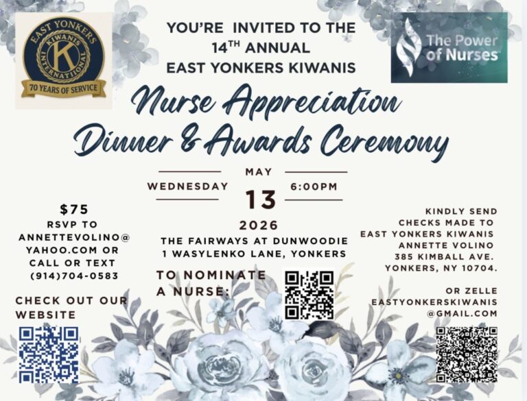 East Yonkers Kiwanis to Honor 15 Nurses at 14th Annual Appreciation Dinner & Awards Ceremony in Celebration of Nurses Week