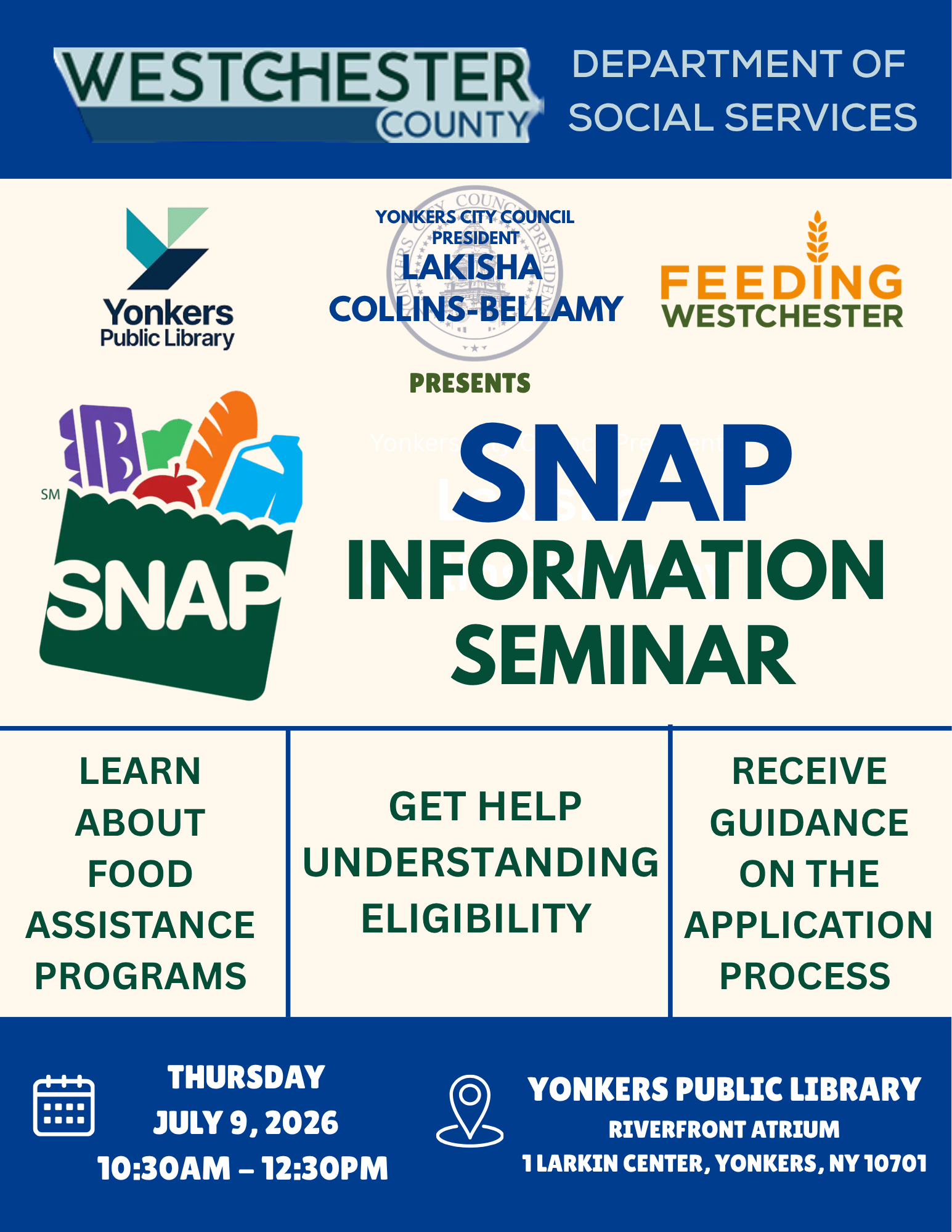 Yonkers City Council President Lakisha Collins-Bellamy Hosts SNAP Information Seminar to Connect Residents with Food Assistance Resources Yonkers City Council President Lakisha Collins-Bellamy Hosts SNAP Information Seminar to Connect Residents with Food Assistance Resources