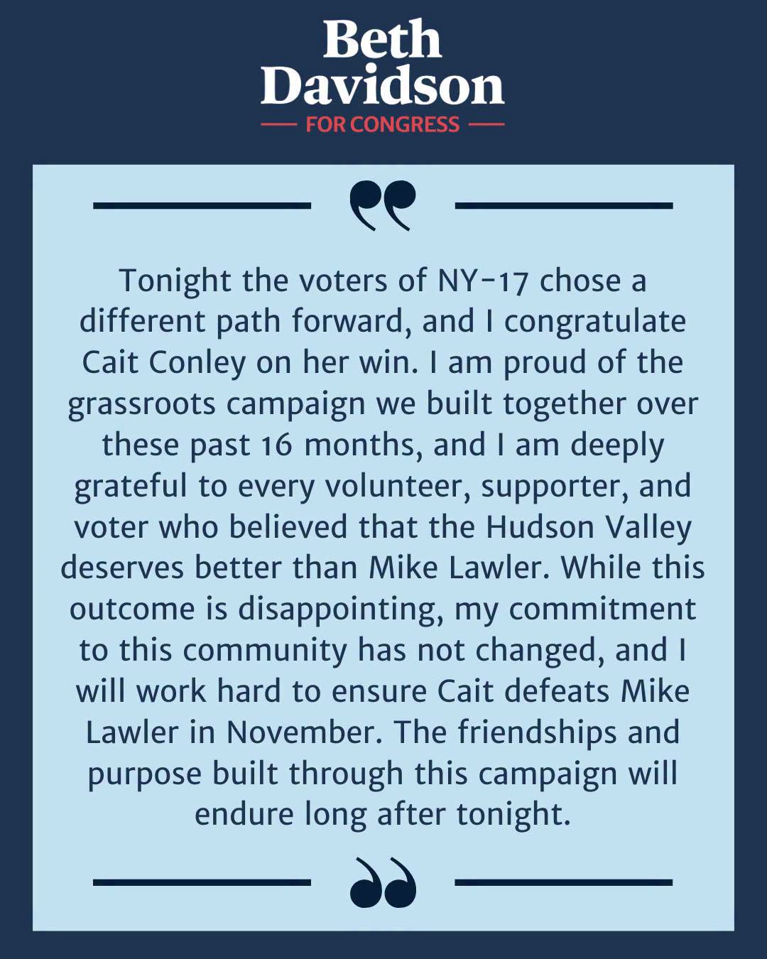 Beth Davidson Comments on NY-17 Democratic Primary Results Beth Davidson Comments on NY-17 Democratic Primary Results