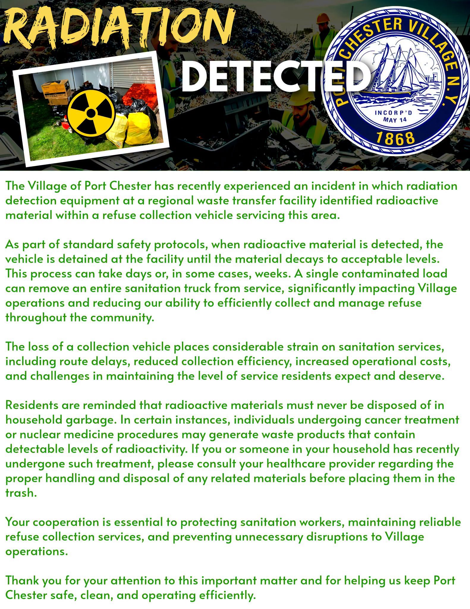 Radioactive Material Found in Port Chester Sanitation Truck Radioactive Material Found in Port Chester Sanitation Truck