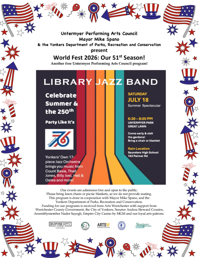 Party Like It’s 1976 at Untermyer Park with the Library Jazz Band: Saturday, July 18 Party Like It’s 1976 at Untermyer Park with the Library Jazz Band: Saturday, July 18