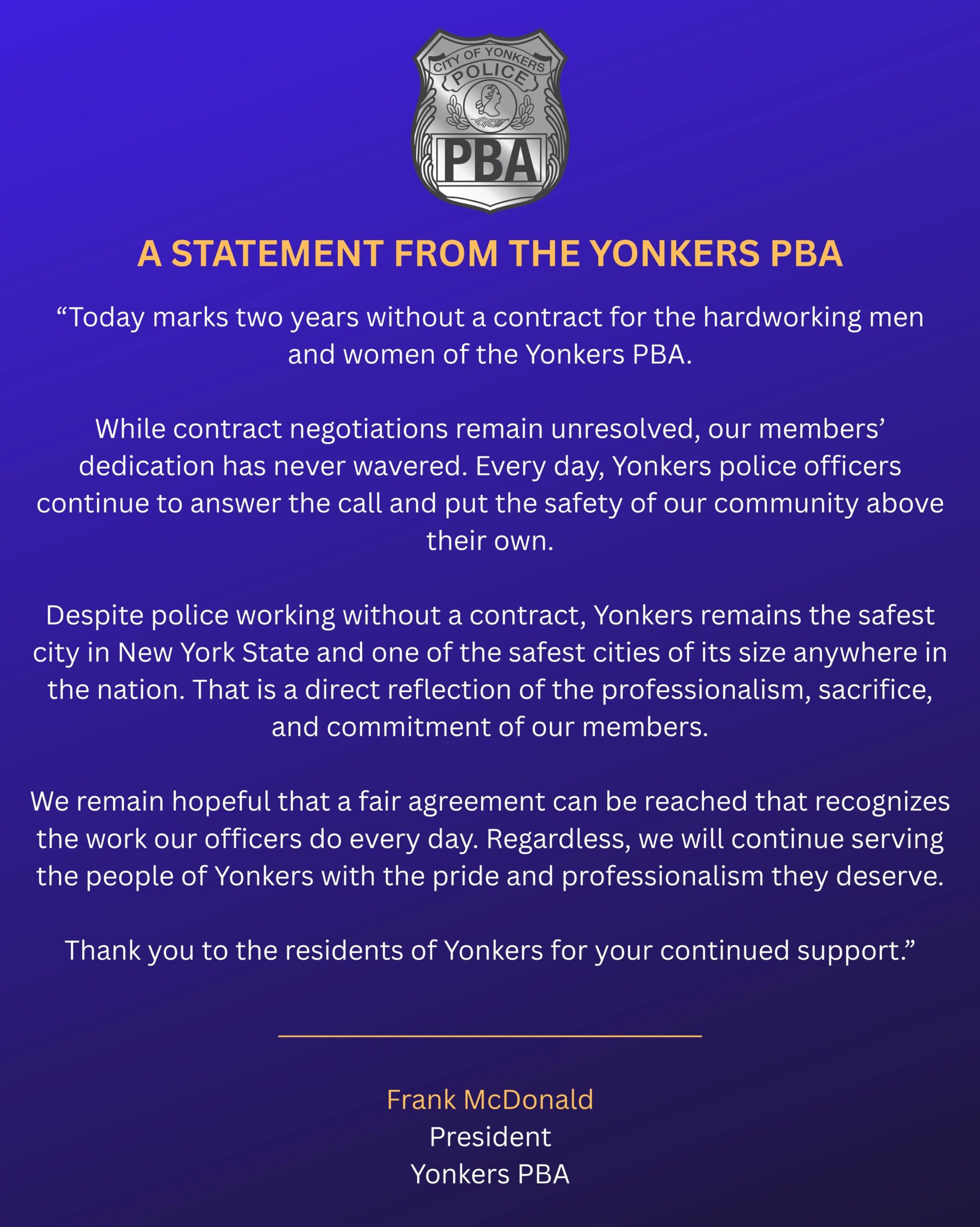 Yonkers PBA Says Two Years is Enough Without Contract Yonkers PBA Says Two Years is Enough Without Contract
